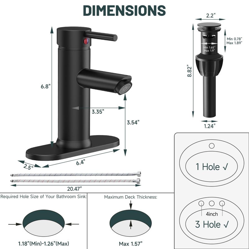 Green Spring Greenspring Black Bathroom Faucet, Single Hole Bathroom Sink Faucet, Single Handle Sink Faucet Bathroom Lavatory Basin Vanity Sink Faucet with Pop Up Drain and Supply Line, Brass - Image 2